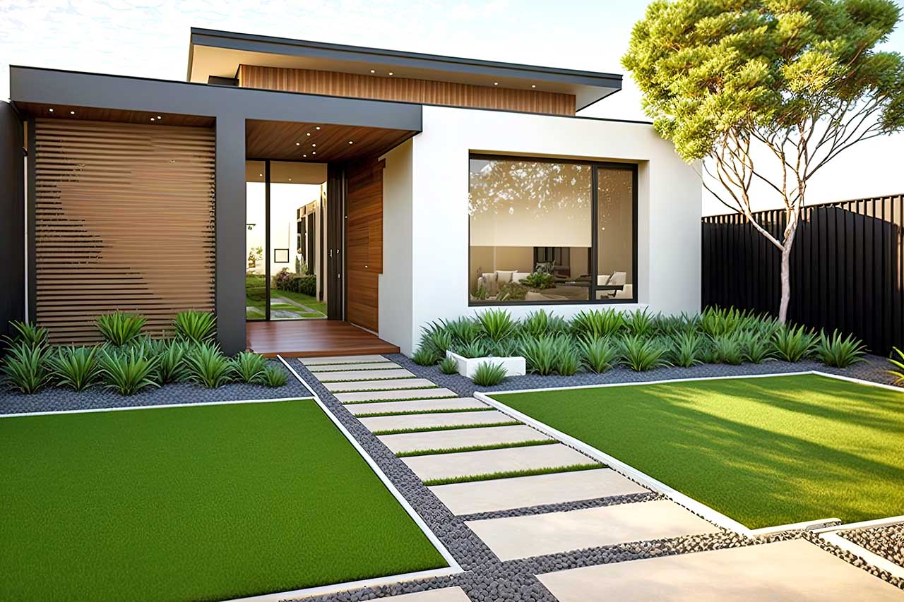 Modern home with artificial turf lawn