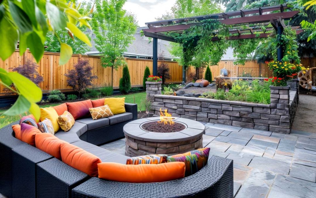 Beautifully hardscaped backyard with firepit