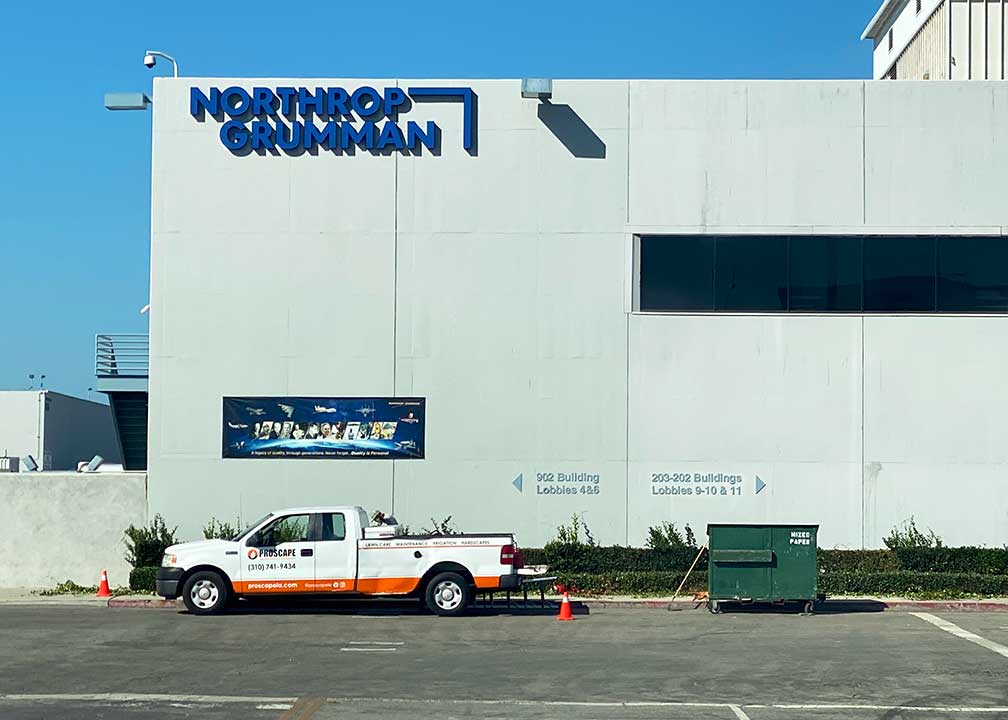 Proscape truck parked in front of Northrop-Grumman building in El Segundo during maintenance